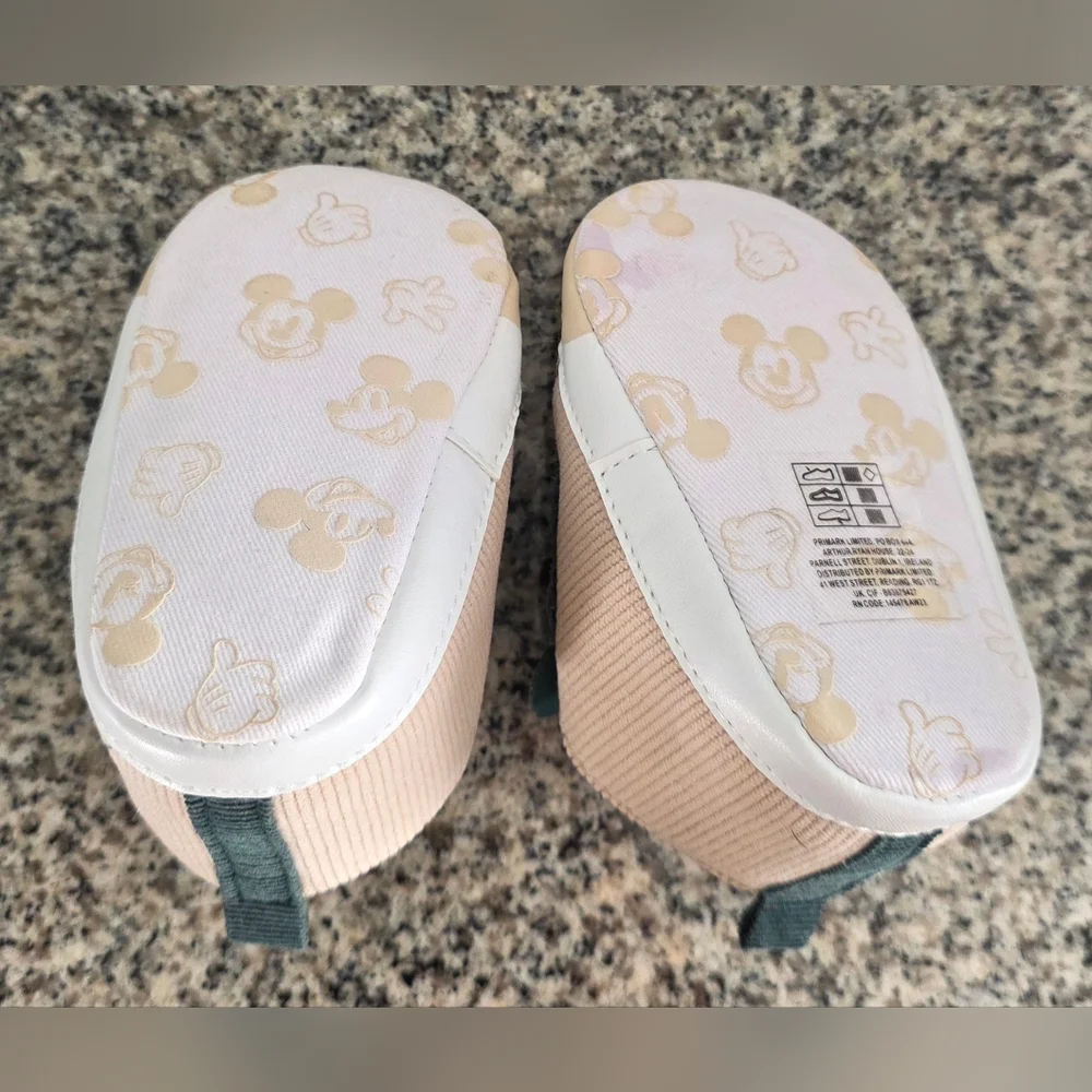 NWOT Primark Disney Baby Mickey Mouse Ears Shoes Beige Green 9-12 Months